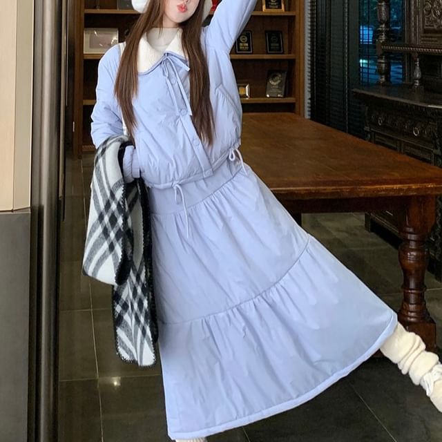 Porstina-Collar Plain Button Puffer Jacket Mid Rise Plain Padded Maxi A-Line Skirt