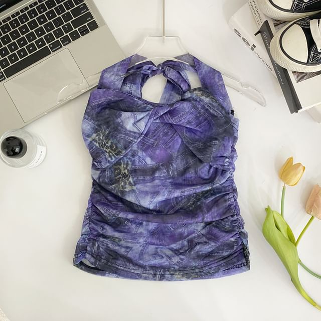 Iasia-Halter Patterned Print Ruched Mesh Top