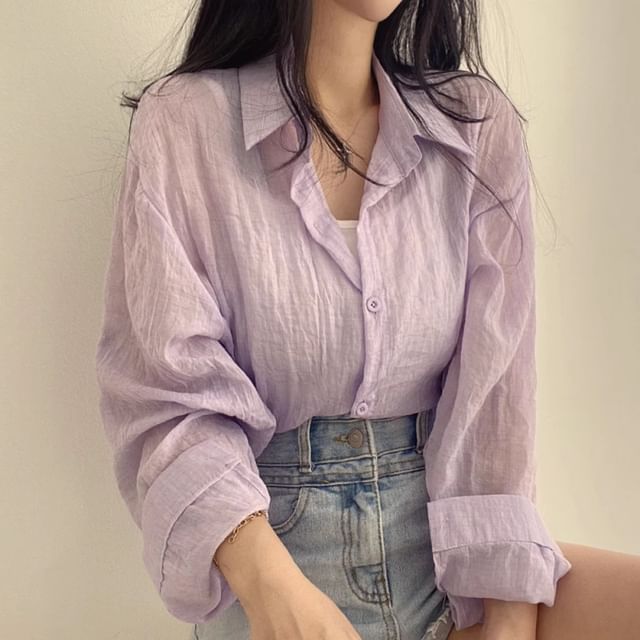 ISSOL-Long-Sleeve Plain Crop Shirt