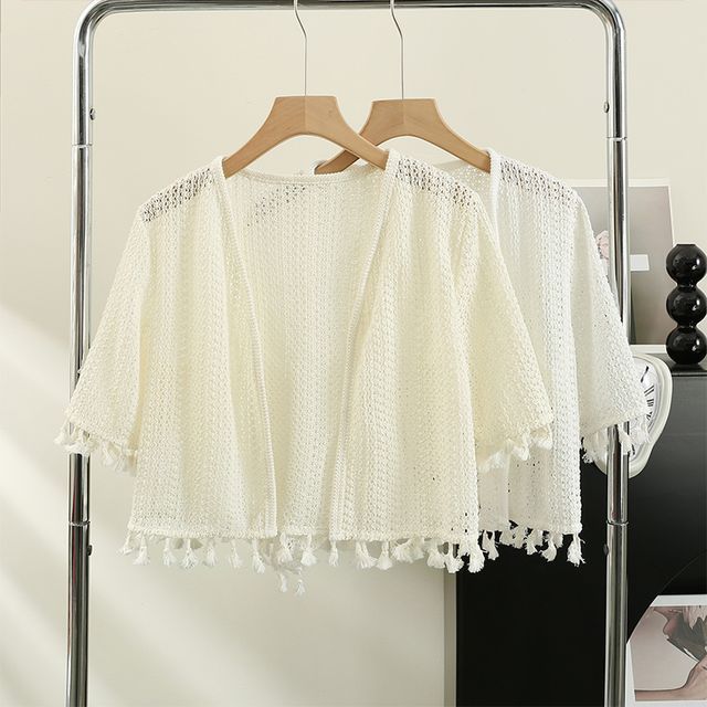 Lemongrass-Fringed Summer-Knit Cape Top