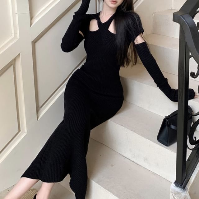 bodycon long dress Shop Women's Embellished Black Bodycon Maxi Dress with Criss-Cross Open  Back & Tie Detail| Showoffff main image 1