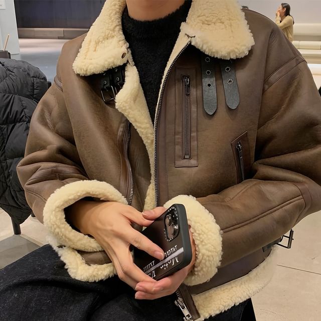 Okwano-Collared Faux Shearling Zip Jacket