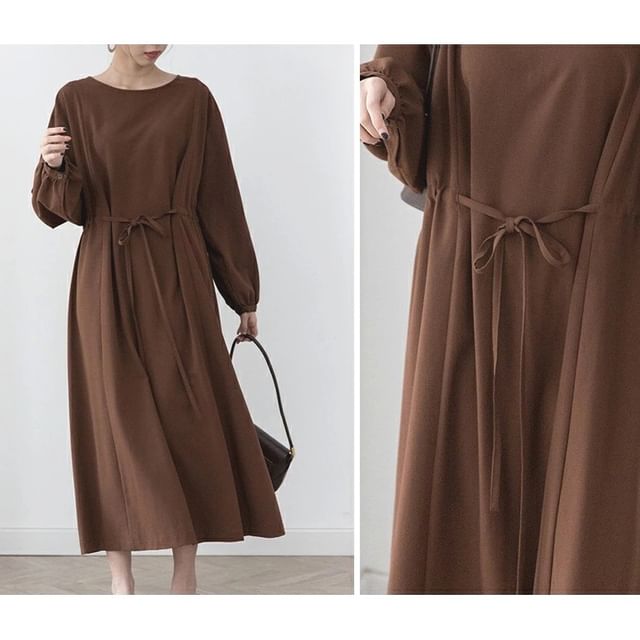 Lewwe-Long Sleeve Round Neck Plain Button Midi A-Line Dress
