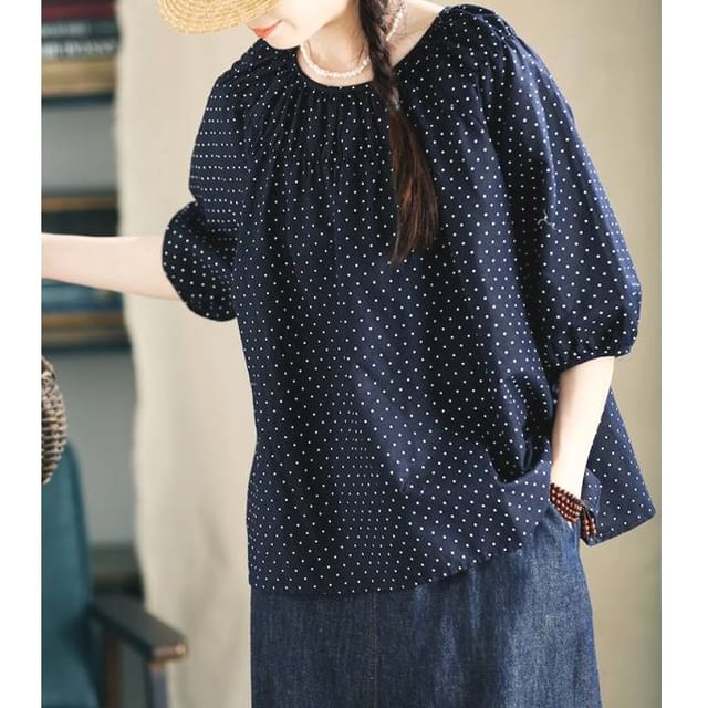 Lewwe-Puff-Sleeve Crewneck Dotted Blouse