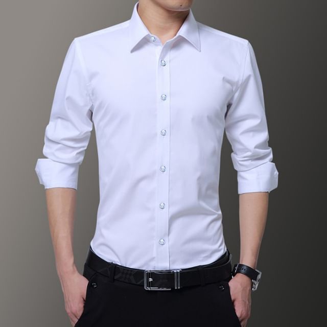 Wewewow-Long-Sleeve Plain Shirt