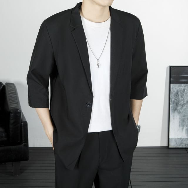 DuckleBeam-Elbow-Sleeve Notch Lapel Plain Single-Button Blazer