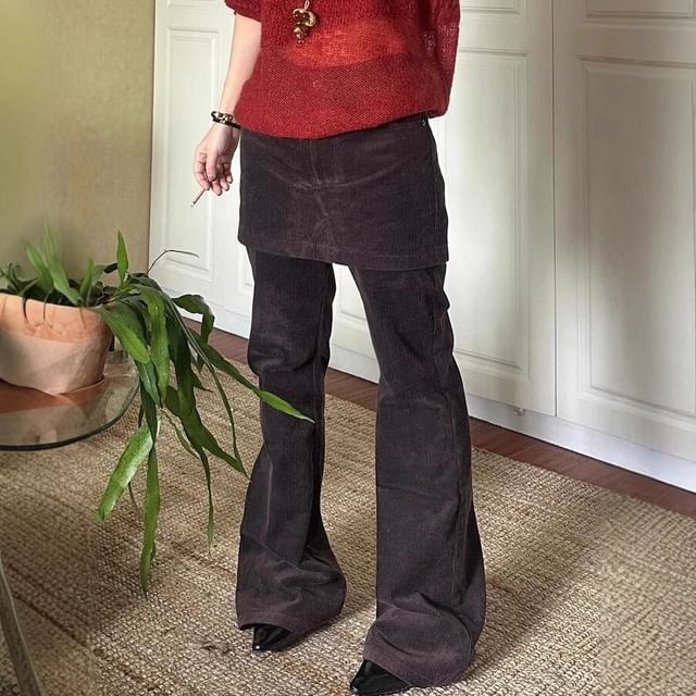 Kenning-Mid Rise Washed Skirt Overlay Flared Jeans