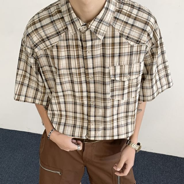 Mimiyox-Short Sleeve Collared Plaid Shirt