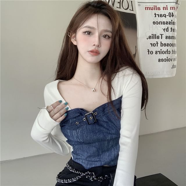 Essere-Mock Two-Piece Long-Sleeve Square-Neck Denim Buckled Top