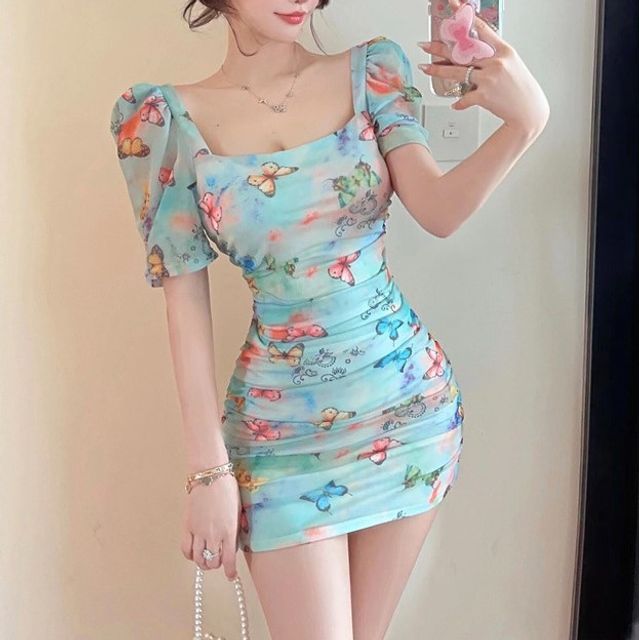 white rainies - Short-Sleeve Square Neck Floral Print Ruched Mini Bodycon  Dress