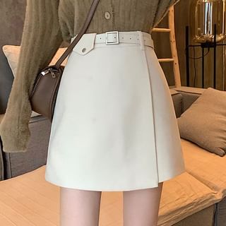 Sisyphi-High Rise Plain Belted Mini A-Line Skirt
