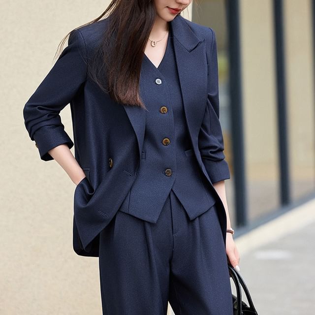 Skyheart-Peak Lapel Plain Double-Breasted Blazer V-Neck Single-Breasted Vest High Waist Loose Fit Suit Pants Set