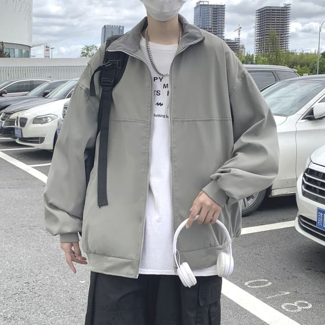 Lorencho-Stand Collar Plain Zip-Up Jacket