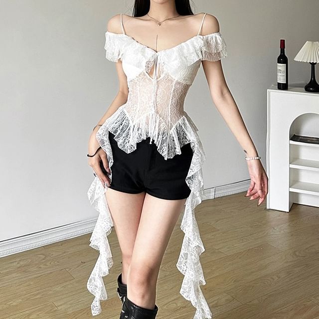 SPUCIKLEI-Off-Shoulder Ruffle Trim Lace Blouse