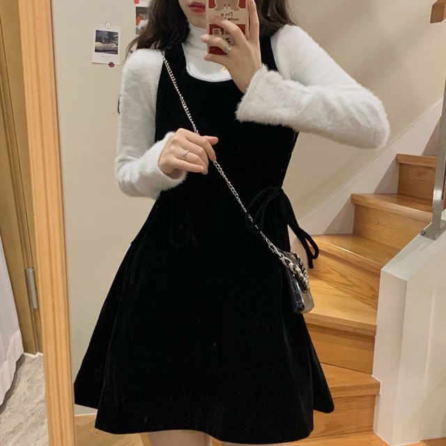 Jumper Dress Plain Black Pinafore Dress Scoop Neck Plain Beaded