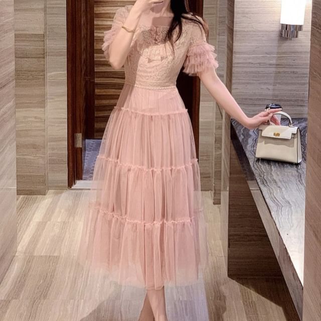 Aurora - Short-Sleeve Square Neck Tiered Lace Panel Mesh Midi A-Line Dress  | YesStyle