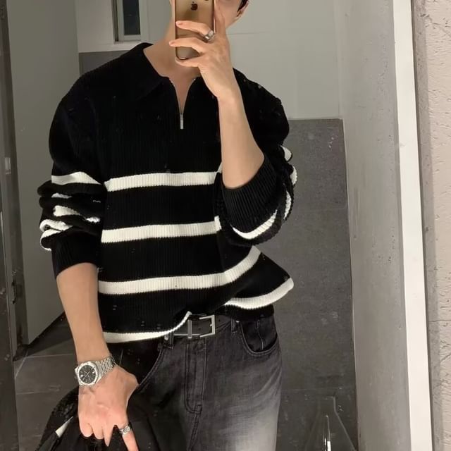 Neonity Wear-Half Zip Striped Polo Sweater