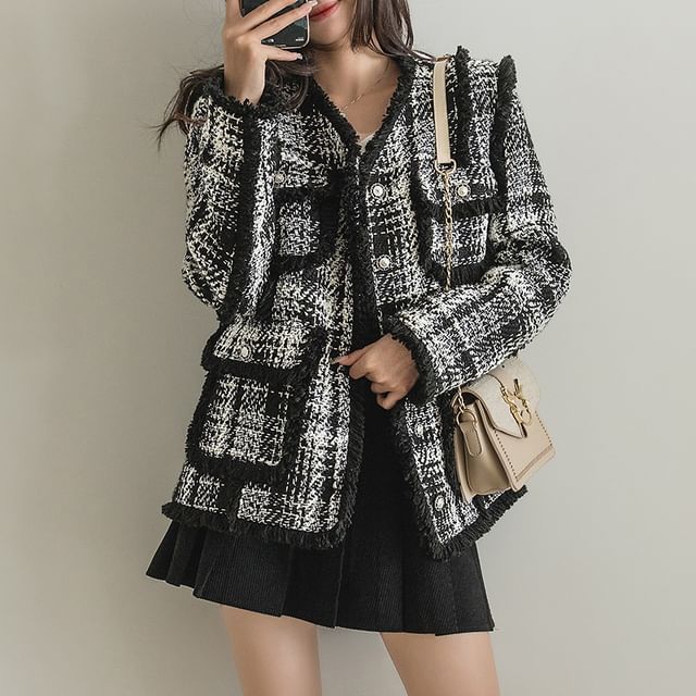 Woohan-V-Neck Button-Up Tweed Jacket
