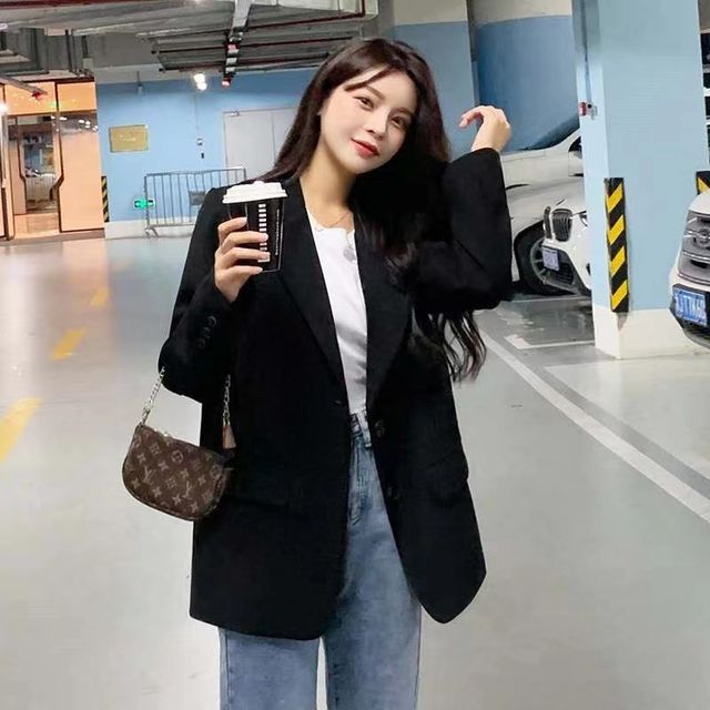Everose-Lapel Collar Plain Single-Breasted Oversized Blazer