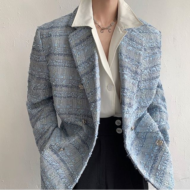 ravewider-Plaid Tweed Double-Breasted Blazer