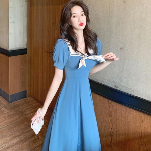 Bebop PuffSleeve Sailor Collar ALine Midi Dress YesStyle