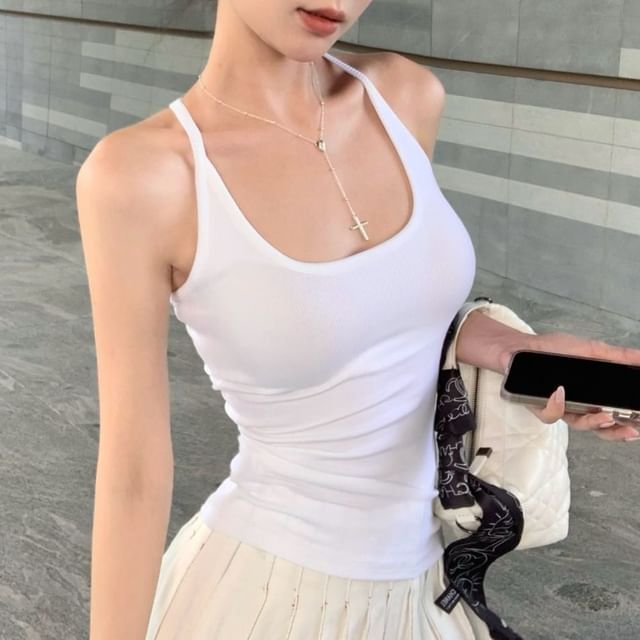 Maisee-Halter Neck Plain Padded Racerback Top