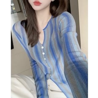 PINPI-Long Sleeve Notch Neck Striped Button Knit Top