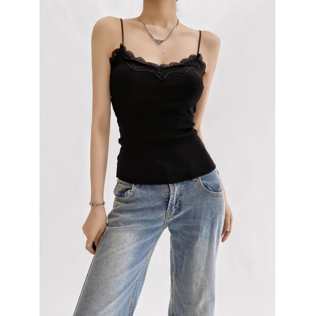 Ulark-Plain Lace Trim Cami Top