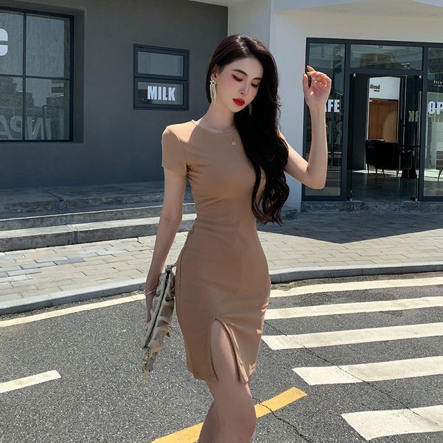 knee length dresses for ladies Giavanna Thigh Split Mini Dress Chocolate L main image 1