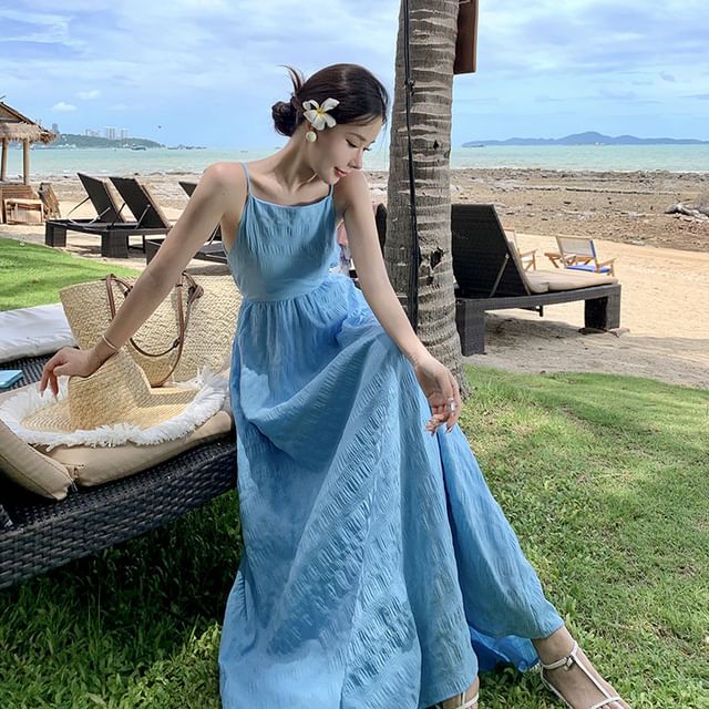 Moanum-Spaghetti Strap Plain Maxi A-Line Dress