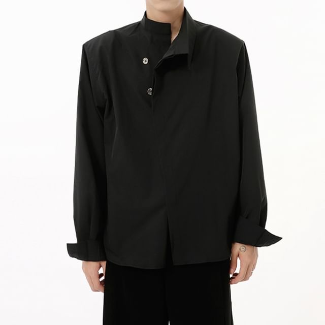 FAERIS - Long-Sleeve Stand Collar Plain Asymmetrical Button-Up