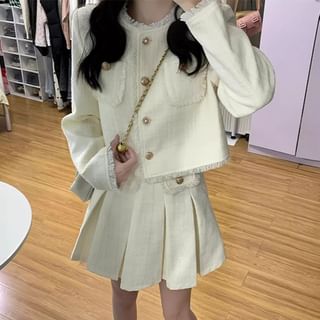 Pinatra-Set Round Neck Plain Button Jacket High Rise Plain Mini Pleated Skirt