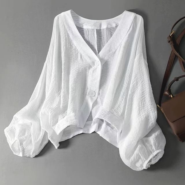 Lewwe-Long Sleeve V-Neck Plain Button Down Crop Blouse
