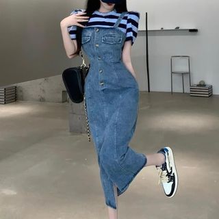 Grendi - Short-Sleeve Striped T-Shirt / Sleeveless Denim Dress