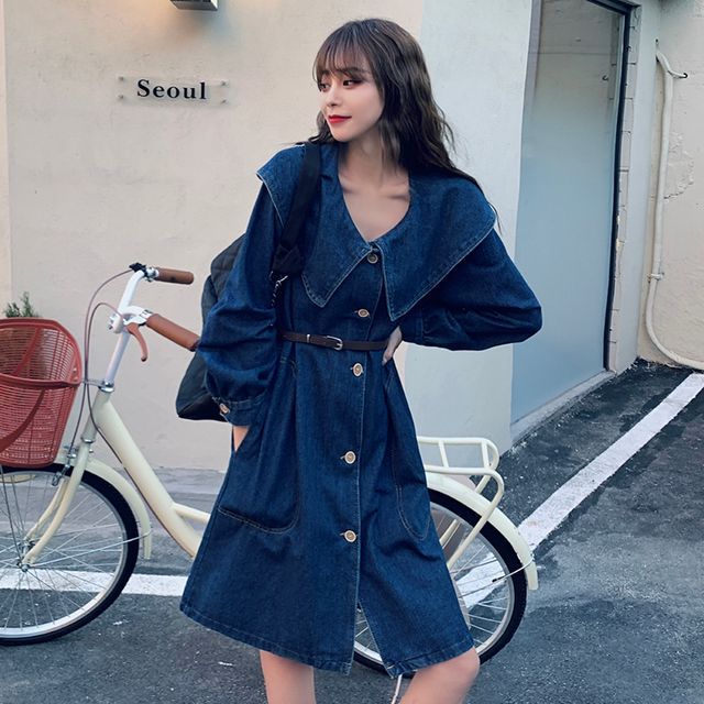 Long-Sleeve Sailor Collar Denim Shirt Dress