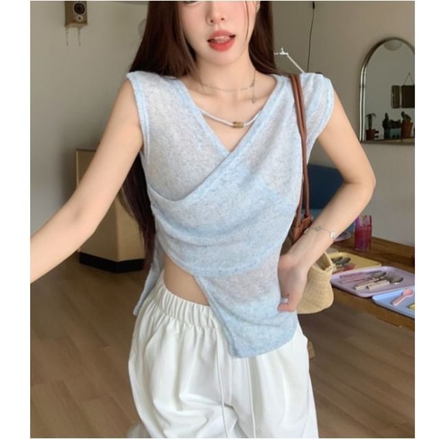 Whoosh-V-Neck Sheer Plain Tank Top