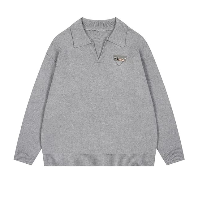 Sagidolls-Collared Plain Metal Accent Sweater