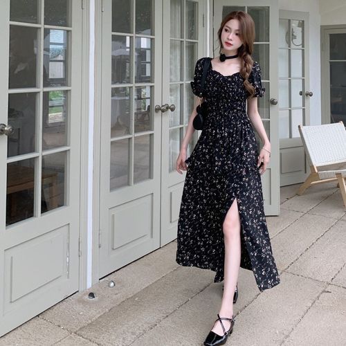 corset puff sleeve midi dress MissJophiel Corset Puff Sleeves Blue Floral Print Midi Dress with Slit Other / Above Knee / US6