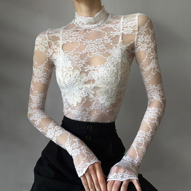 Mock Neck Long Sleeve Lace Top