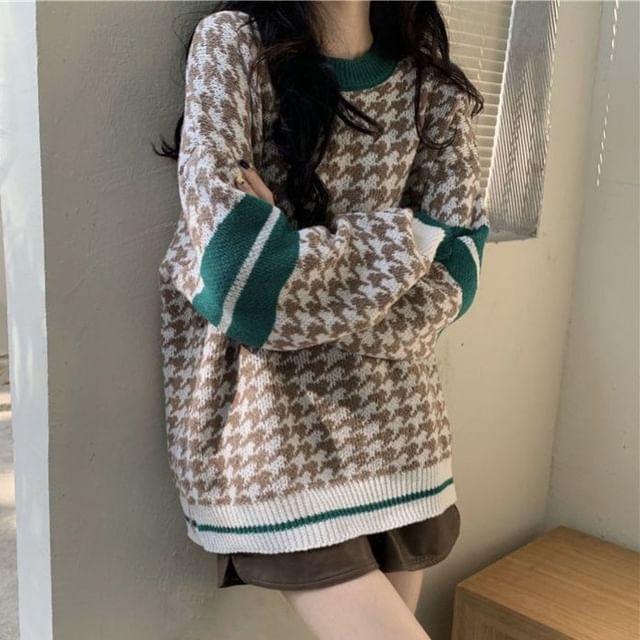 Sisyphi-Houndstooth Round Neck Sweater