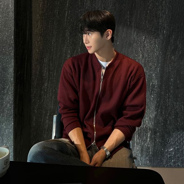 MRCYC-Stand Collar Ribbed Zip-Up Plain Jacket