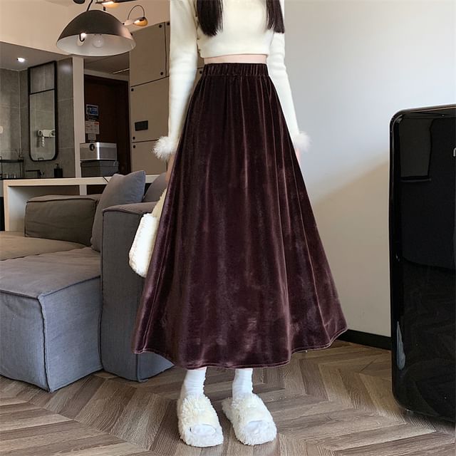 Juuri High Waist Plain Velvet Midi A-Line Skirt YesStyle