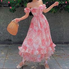 Sosana - Off-Shoulder Floral Print Lace-Up Ruffled-Hem Layered Maxi Dress