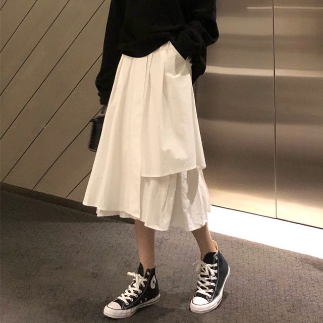white layered midi skirt