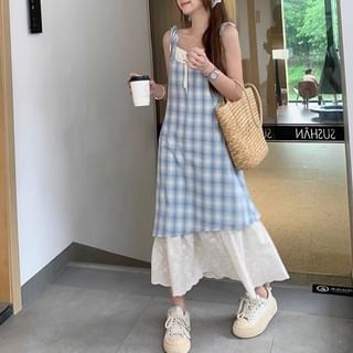 aistera Tie Shoulder Plaid Embroidered Mock Two Piece Maxi A-Line Dress Sale