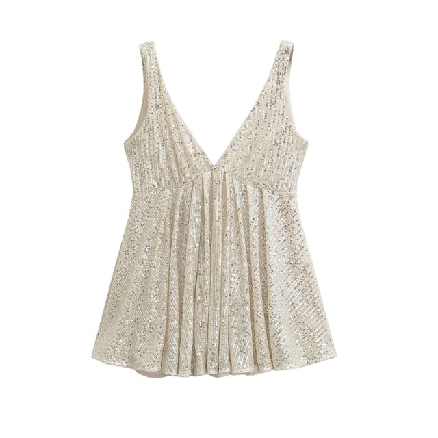 Ulark-Sleeveless V-Neck Sequin Flowy Top