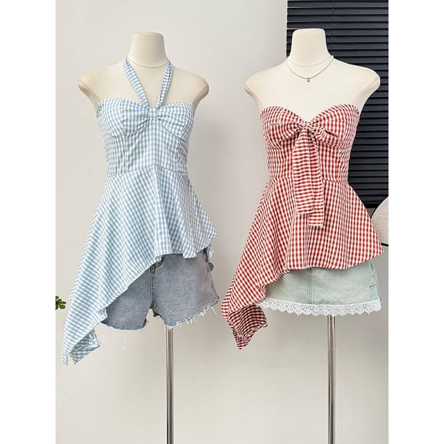 Lemongrass-Asymmetrical Checker Halter Top