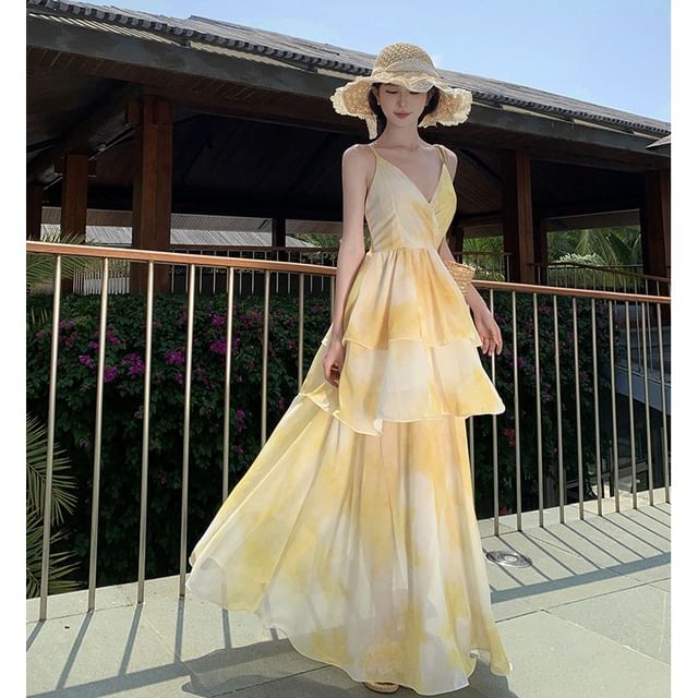 Faiar-Spaghetti Strap Gradient Tiered Maxi A-Line Sundress
