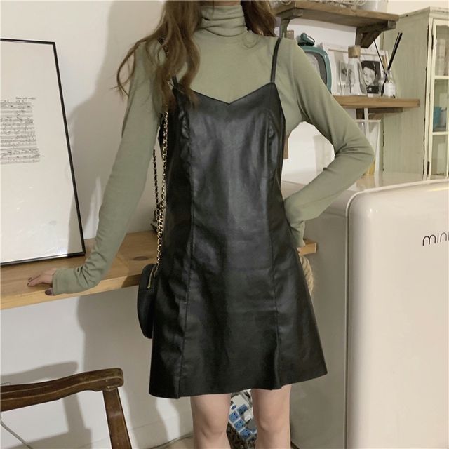 Yako - Long-Sleeve Plain T-Shirt / Faux Leather Mini Overall Dress |  YesStyle
