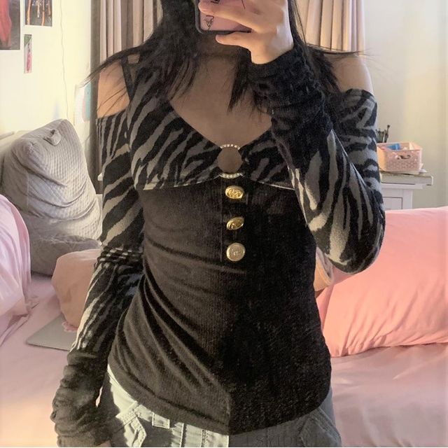 BrickBlack-Cold-Shoulder Zebra Panel Top